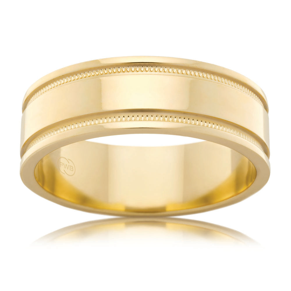 Australian-Made 9-Carat Yellow Gold 7mm Wide Flat Pattern Ring in Size T for Enhanced Style