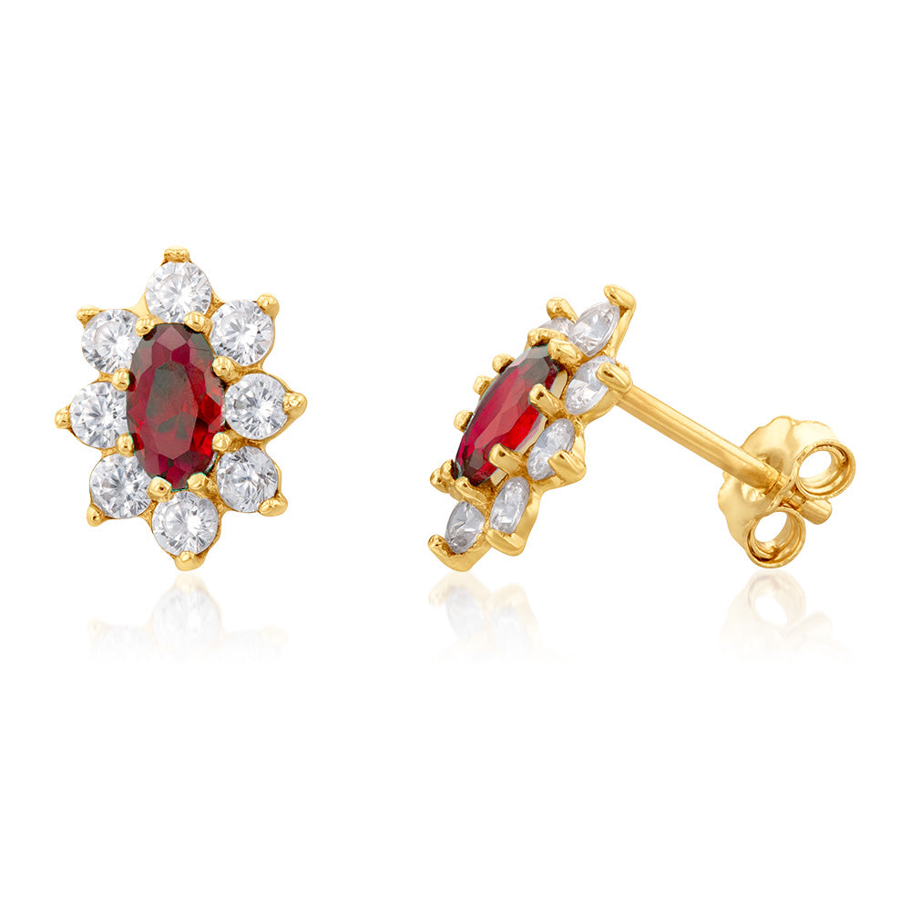 9ct Yellow Gold Oval Stud Earrings with Red and White Cubic Zirconias