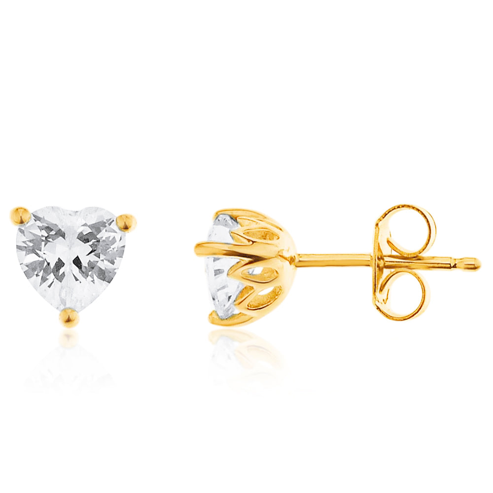 Stunning 9ct Yellow Gold Heart - Shaped Zirconia Stud Earrings
