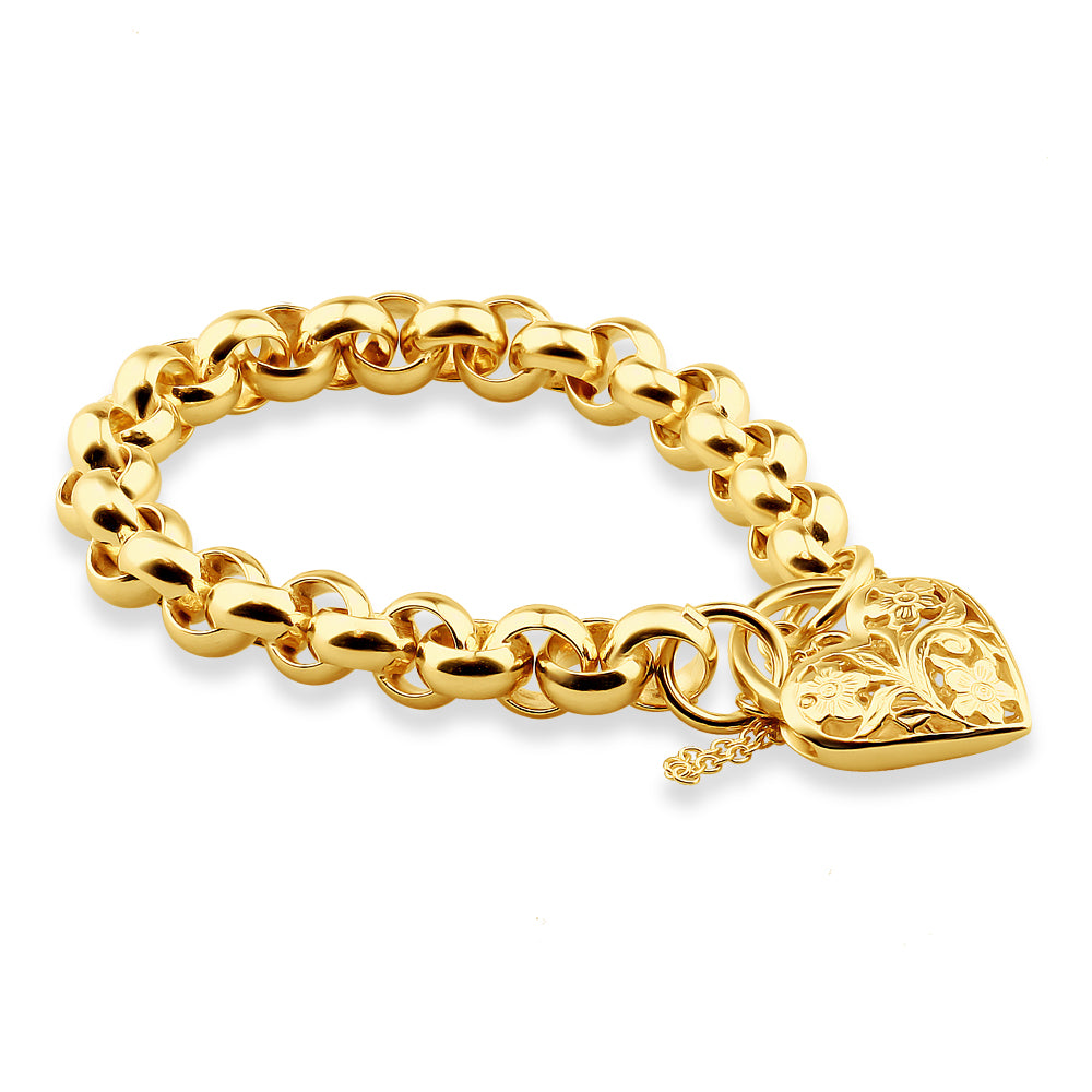 Exquisite 9ct Yellow Gold Copper Filled Belcher Bracelet with Floral Love Heart Charm
