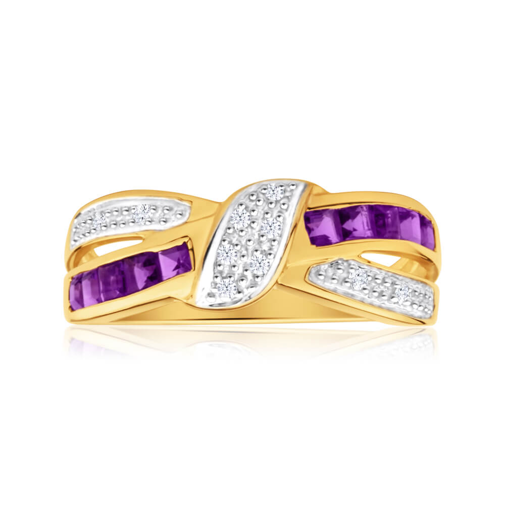 Exquisite 9-carat Yellow Gold Amethyst and Ten Diamond Cross-Over Engagement Ring