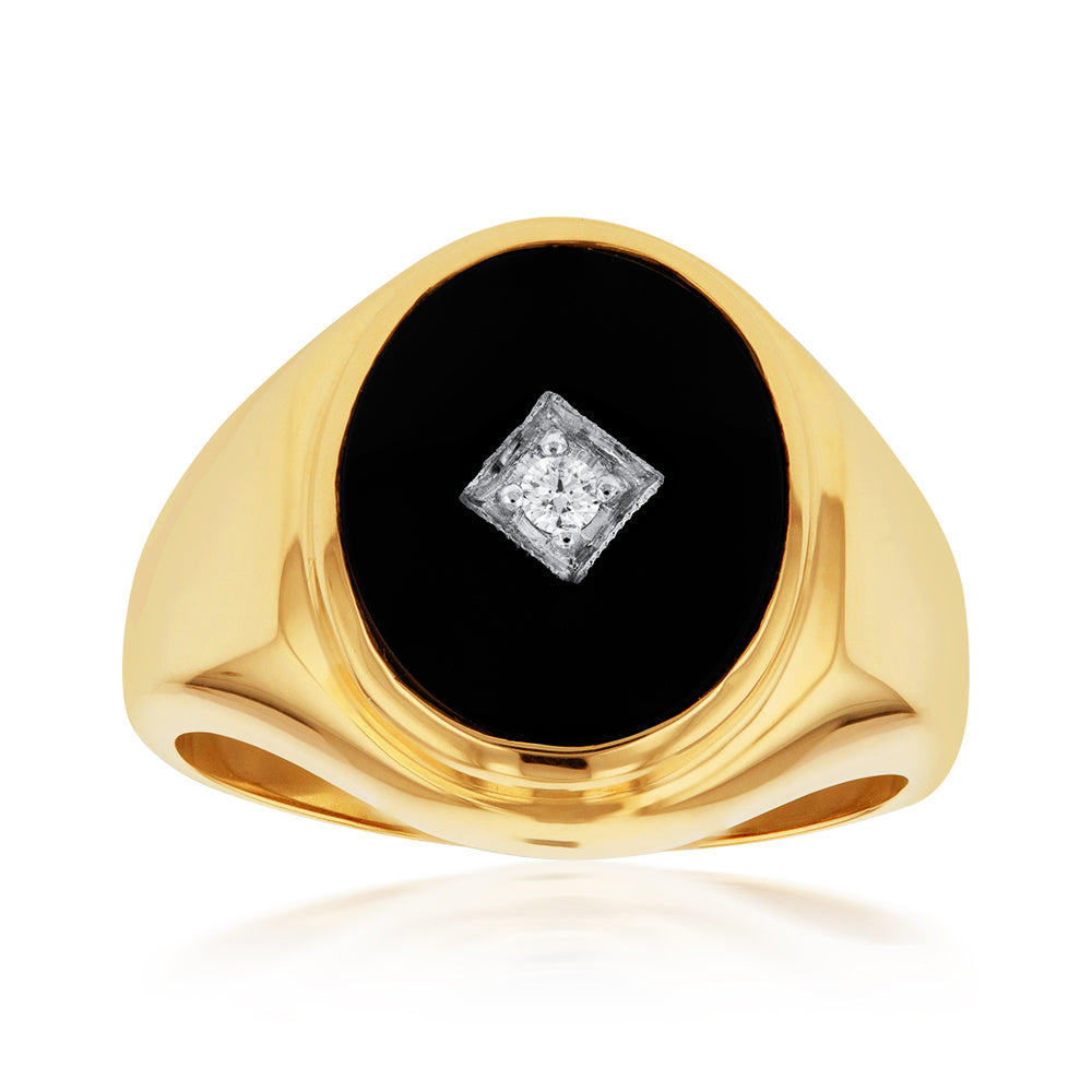 Men's 9-carat Yellow Gold Ring Embellished with Black Onyx and Diamonds