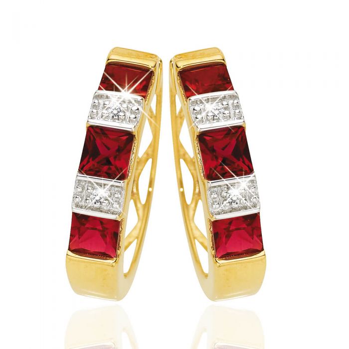 9ct Yellow Gold Hoop Earrings with Beautiful Created Rubies and 4 Diamonds