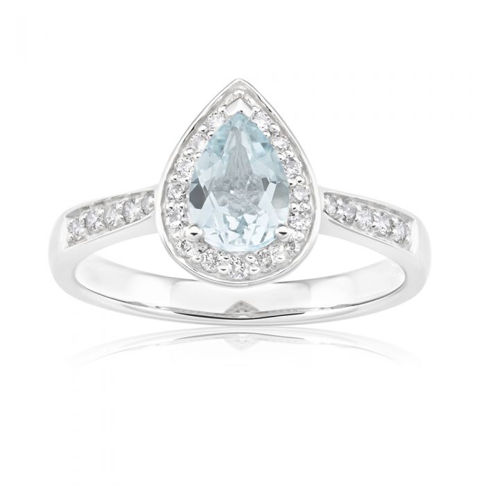 Exquisite 9ct White Gold Ring with 0.65ct Pear Cut Aquamarine and 0.20 Carat Diamonds