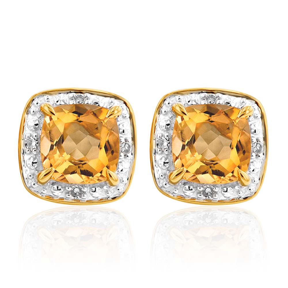 Stunning 9ct Yellow Gold 1/2ct Cushion Cut Citrine and Diamond Stud Earrings
