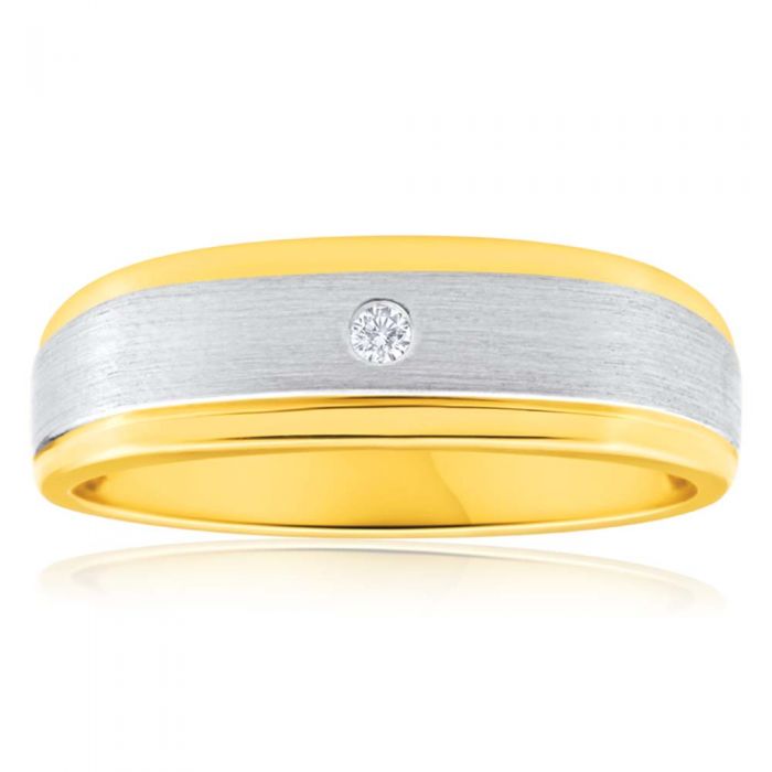 9ct Yellow Gold Mens Ring with White Gold Rhodium and 1 Sparkling Diamond