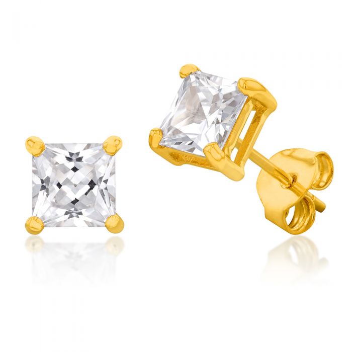 Exquisite 9 Carat Yellow Gold Princess Cut 5mm Cubic Zirconia Stud Earrings for Everyday Elegance
