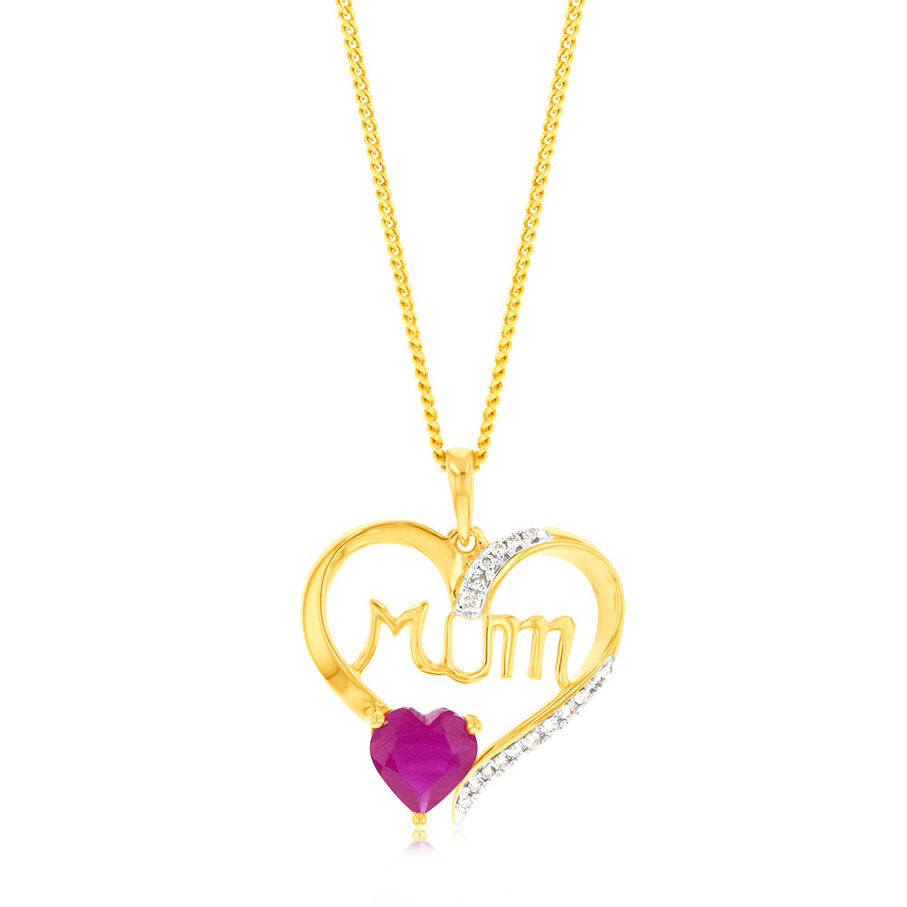 9ct Yellow Gold Round Created Ruby Heart Pendant for Mum