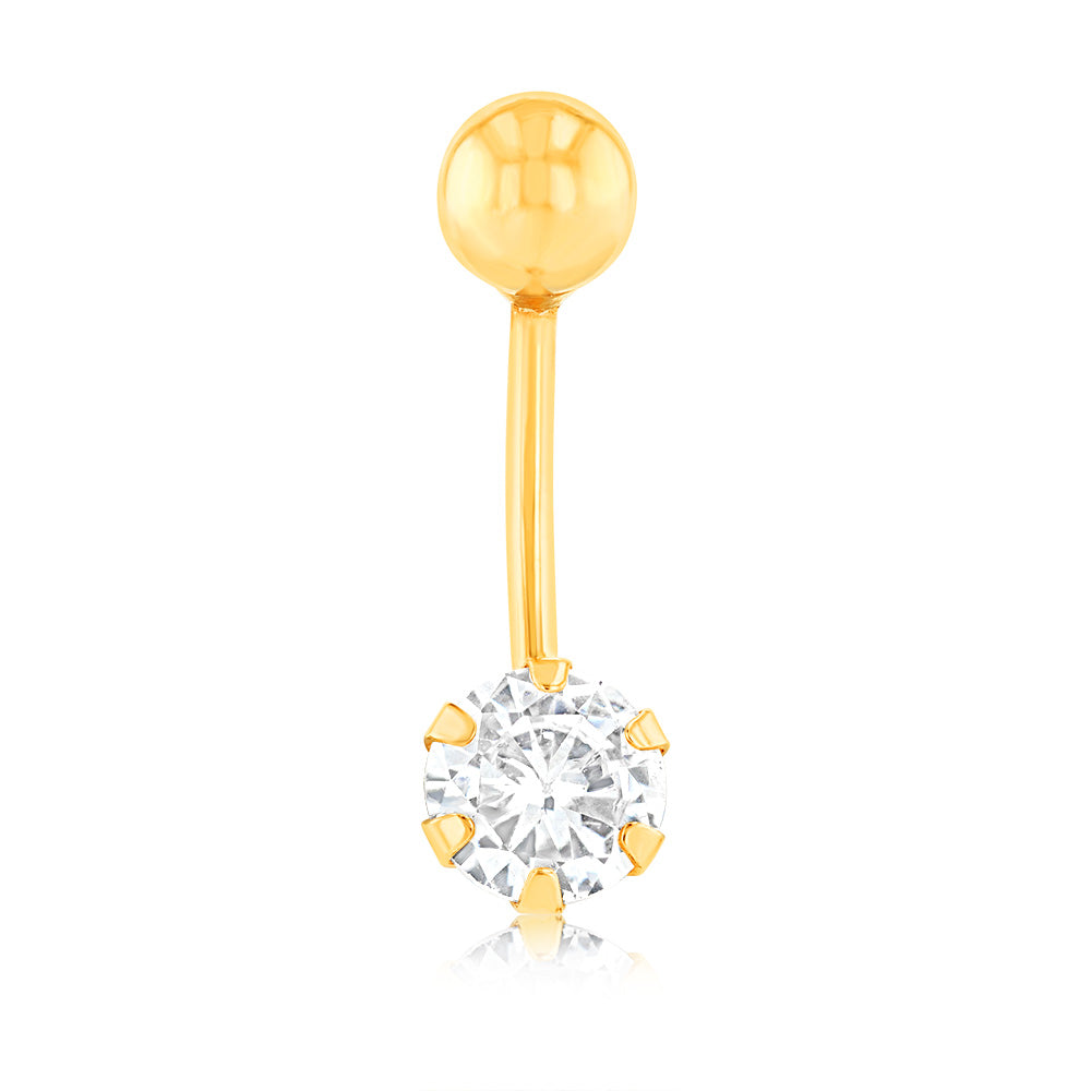 6mm White Round Zirconia Belly Bar Crafted from 9ct Yellow Gold