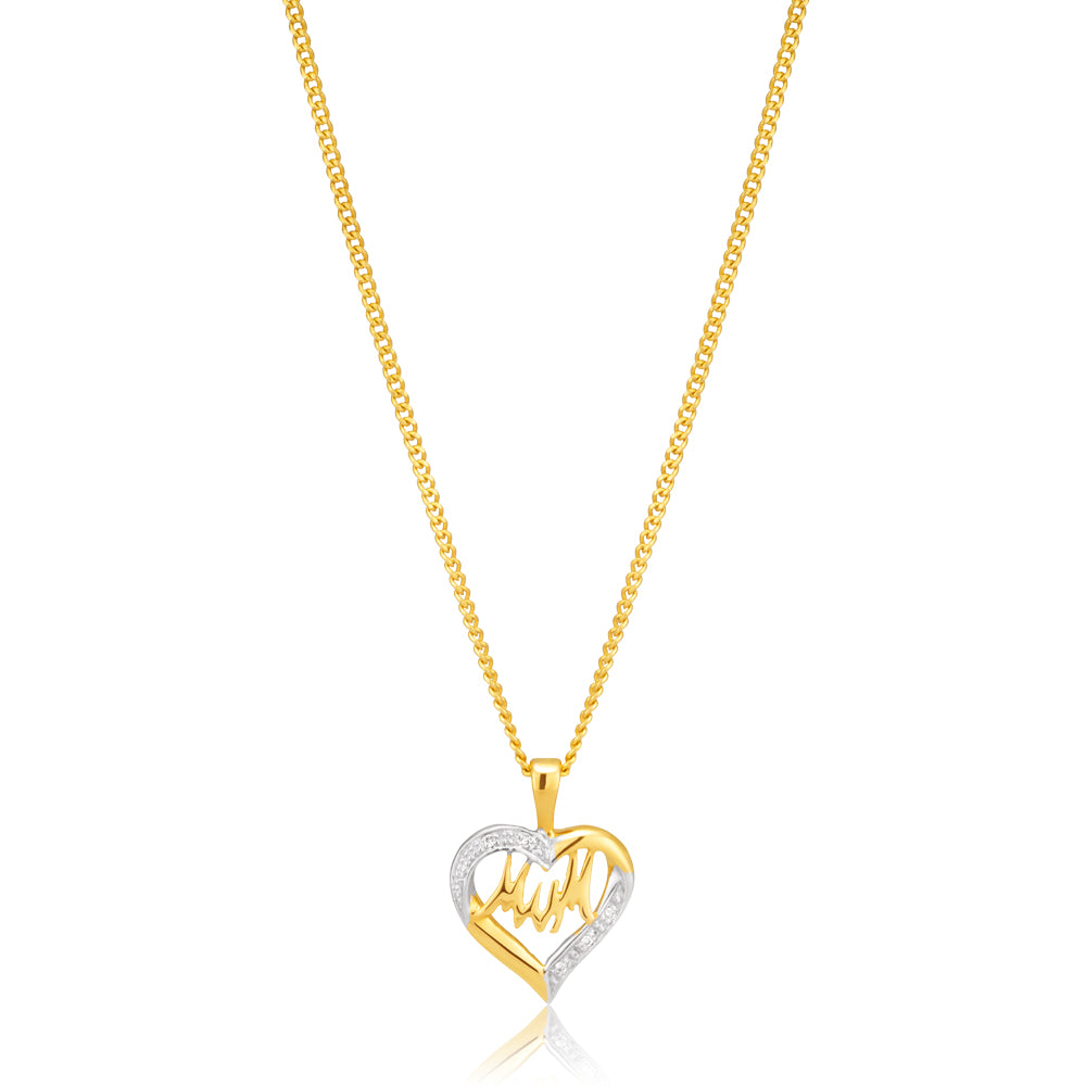 9 Carat Yellow Gold 'Mum' Diamond Heart-shaped Pendant for Mothers