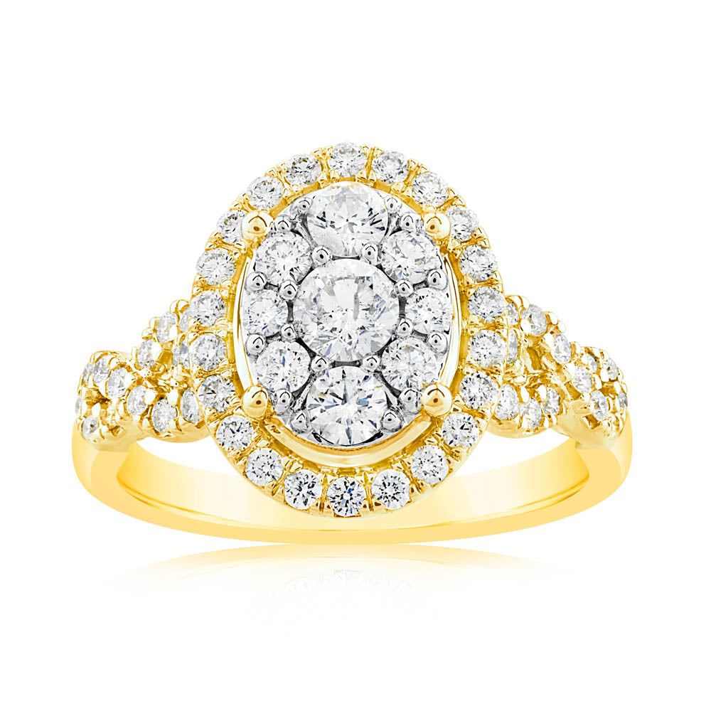 Stunning 0.95 Carat Oval Diamond Cluster Ring in 14ct Yellow Gold