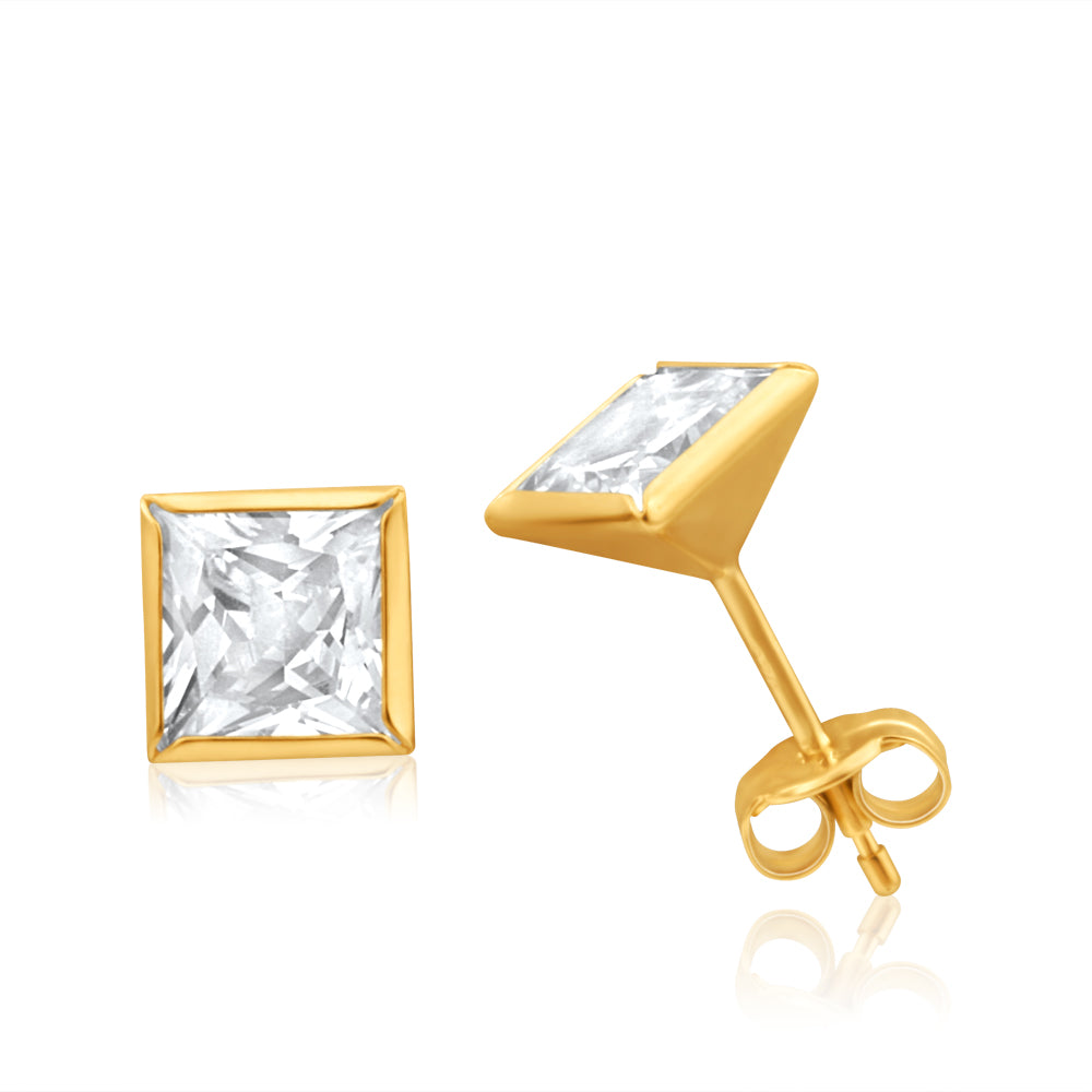 6mm Princess Cut Cubic Zirconia Stud Earrings in 9ct Yellow Gold