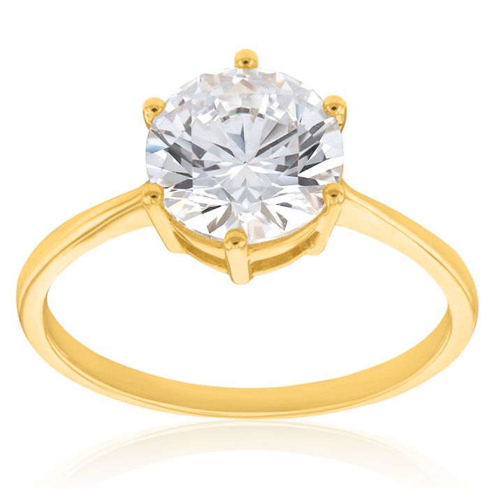 Stunning 9 Carat Yellow Gold 8 Millimeter Zirconia 6 Claw Solitaire Engagement Ring
