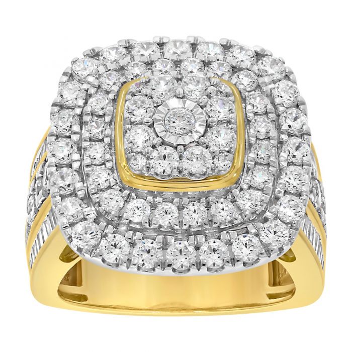 Exquisite 9 Carat Yellow Gold Engagement and Statement Ring Adorned with 3.05 Carat Brilliant and Tapered Baguette Cut Diamonds