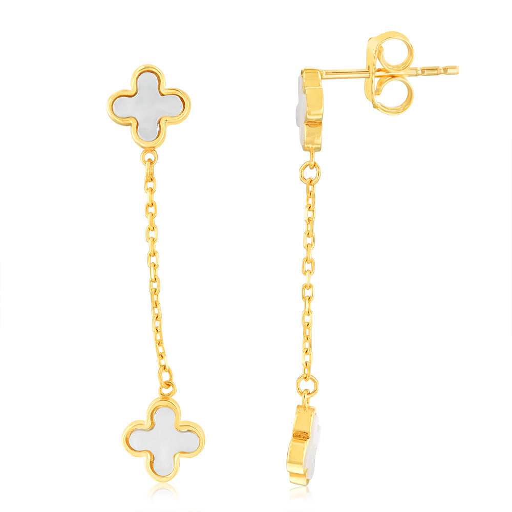 Stunning 9ct Yellow Gold Earrings with Mother-of-Pearl Adorned Clover Petals for a Drop Design