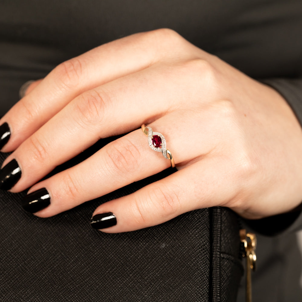 9ct Yellow Gold Oval Created Ruby (5x4mm) Adorned with Diamonds