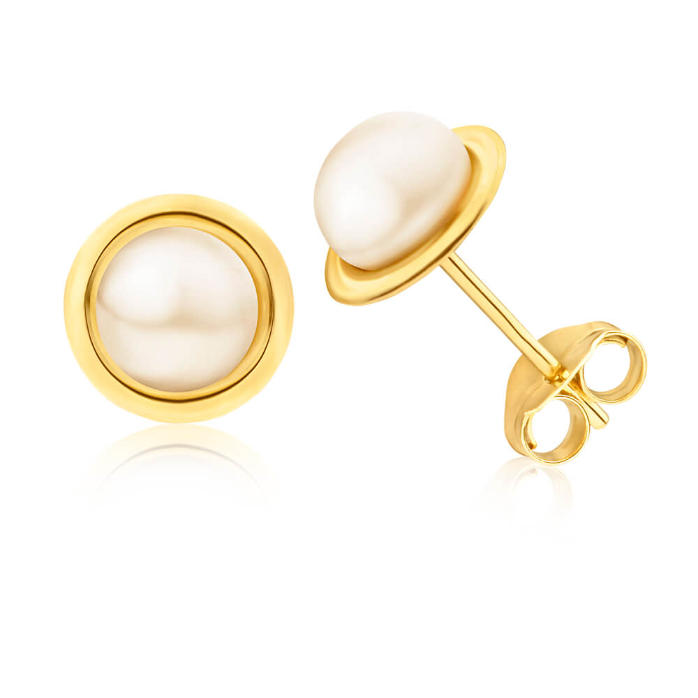 9ct Yellow Gold 5mm Chic White Freshwater Pearl Stud Earrings for Daily Wear
