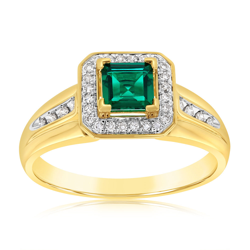 Exquisite 9ct Yellow Gold Ring Featuring Lab - Created Emeralds and Natural Diamonds