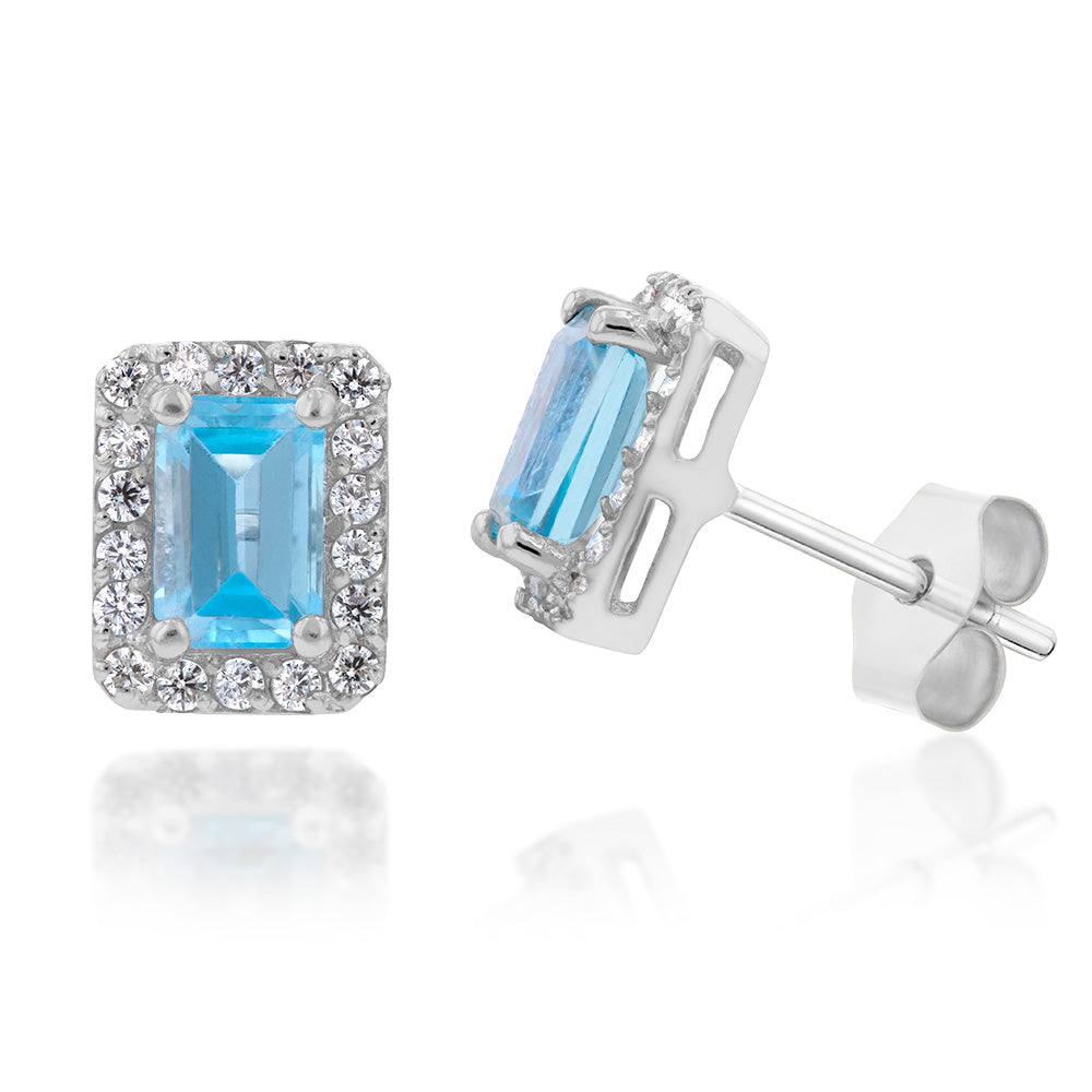 Exquisite 9ct White Gold Blue Topaz and Zirconia Emerald Cut Stud Earrings