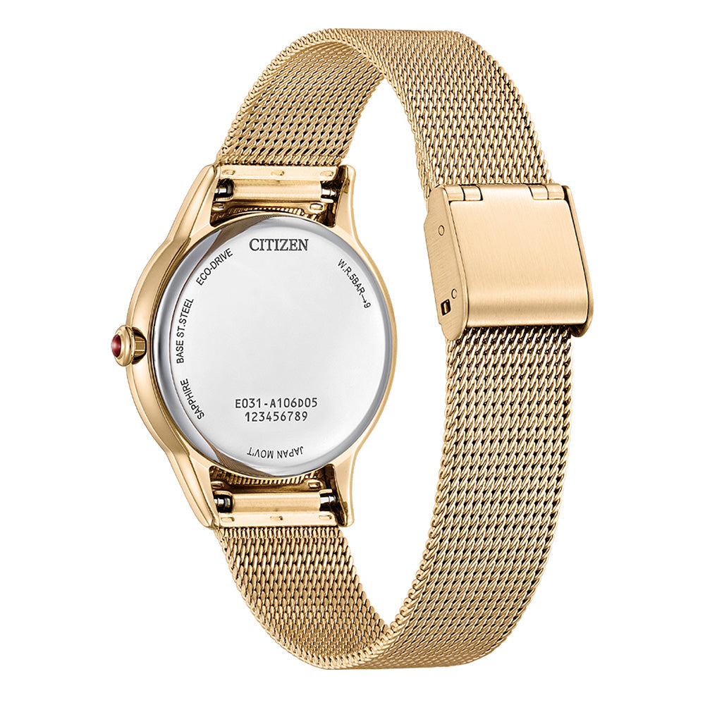 Citizen Eco-Drive EM0818-82X: 32mm Gold-Tone Watch with Rose Mesh Band