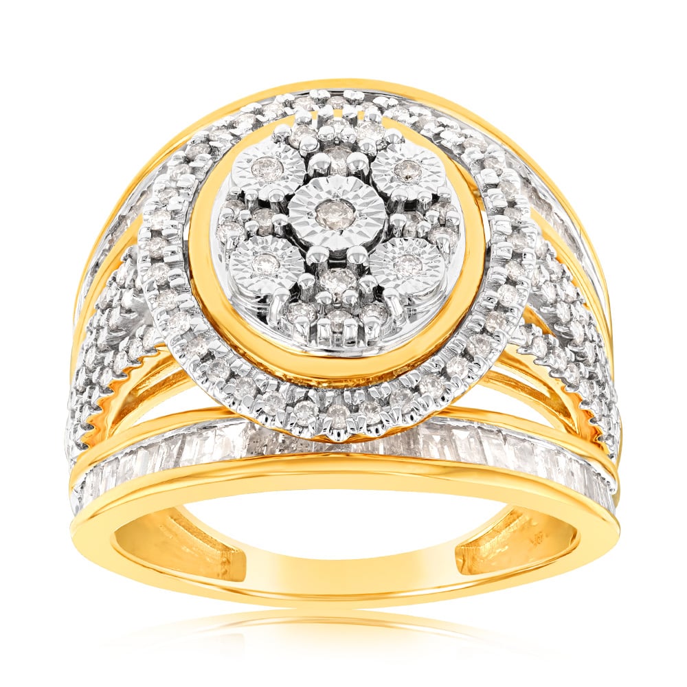 9 Carat Yellow Gold Oval Cushion Shape Cluster 1 Carat Diamond Dress Ring for Special Occasions