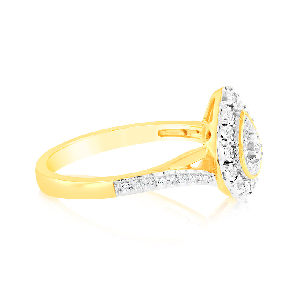 Exquisite 9 Carat Yellow Gold Pear - Shaped Diamond Ring with 1/6 Carat Diamonds for Fine Jewelry Lovers