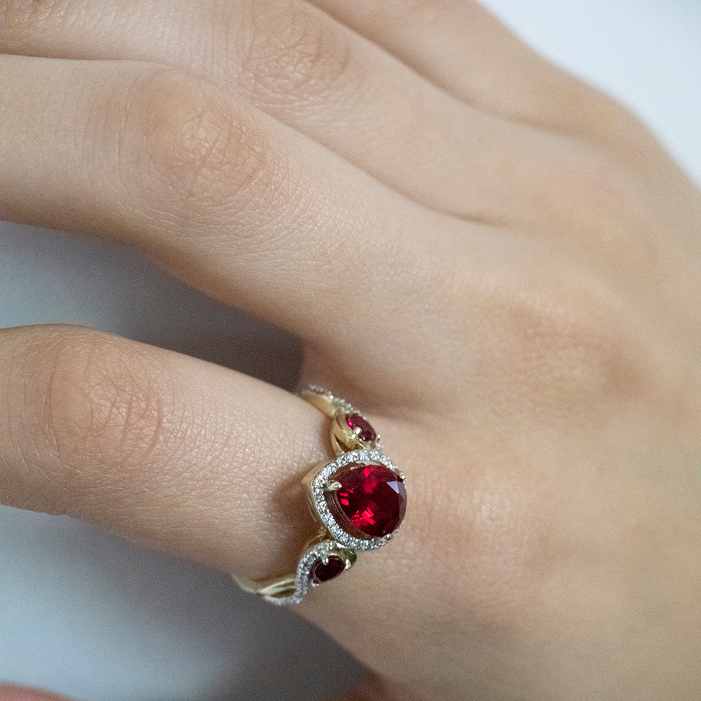 Exquisite 9ct Yellow Gold Ring Featuring Lab - Created Rubies and 1/10 Carat Natural Diamonds