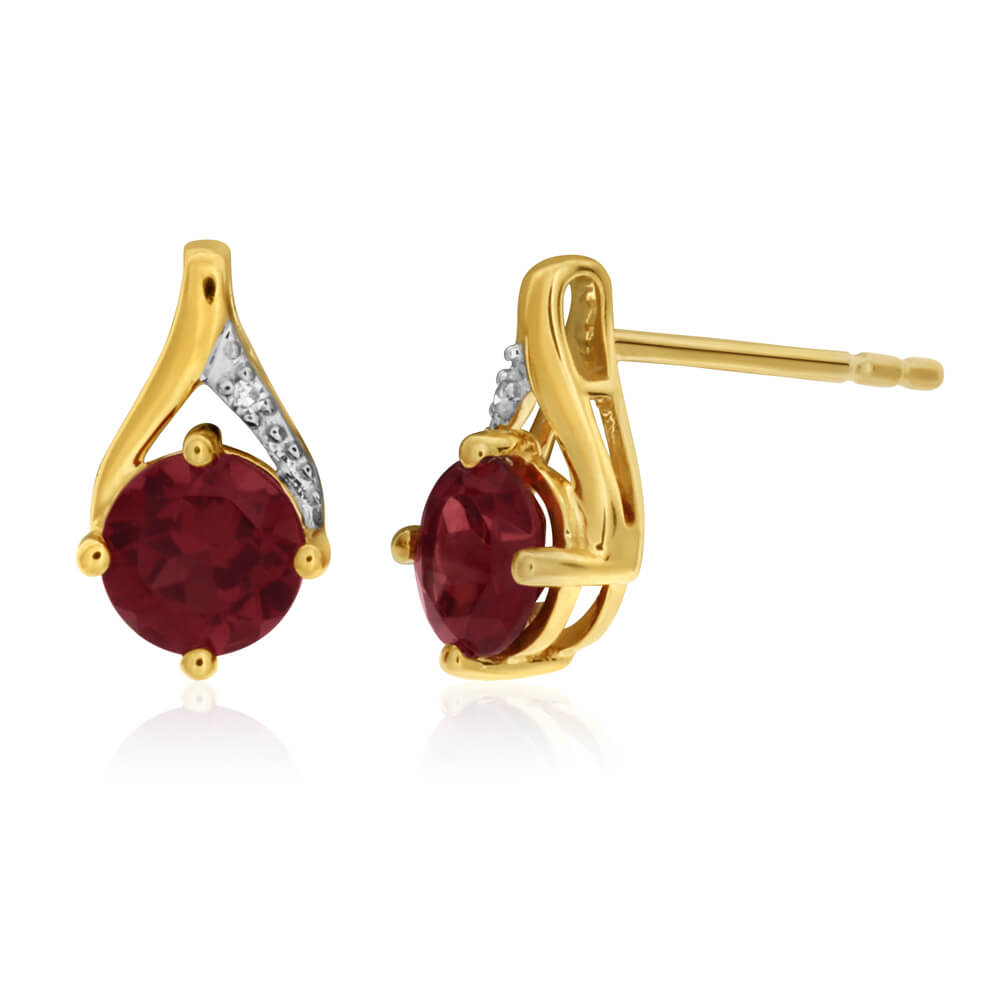 Exquisite 9ct Yellow Gold Earrings with Garnet and Diamond Studs