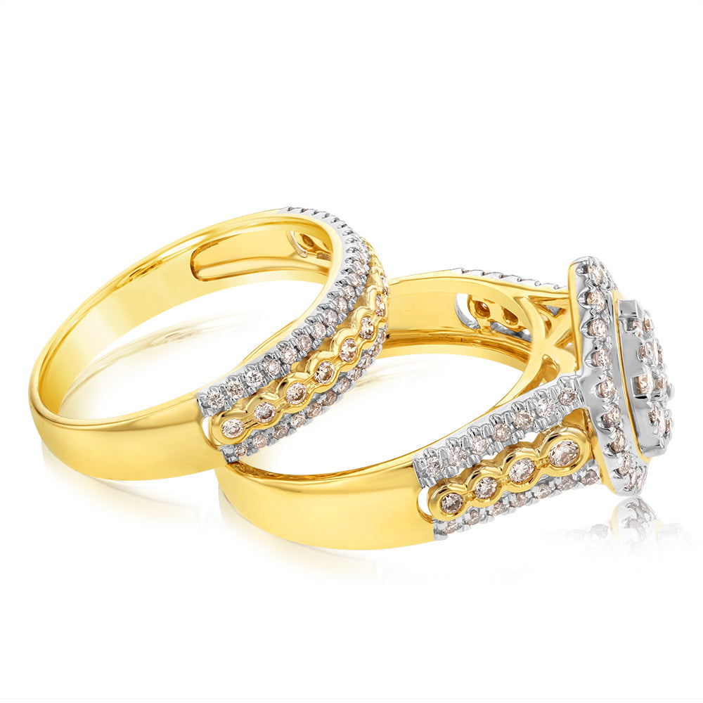 Stunning 9ct Yellow Gold 3/4 Carat 2-Ring Bridal Set with 124 Sparkling Diamonds