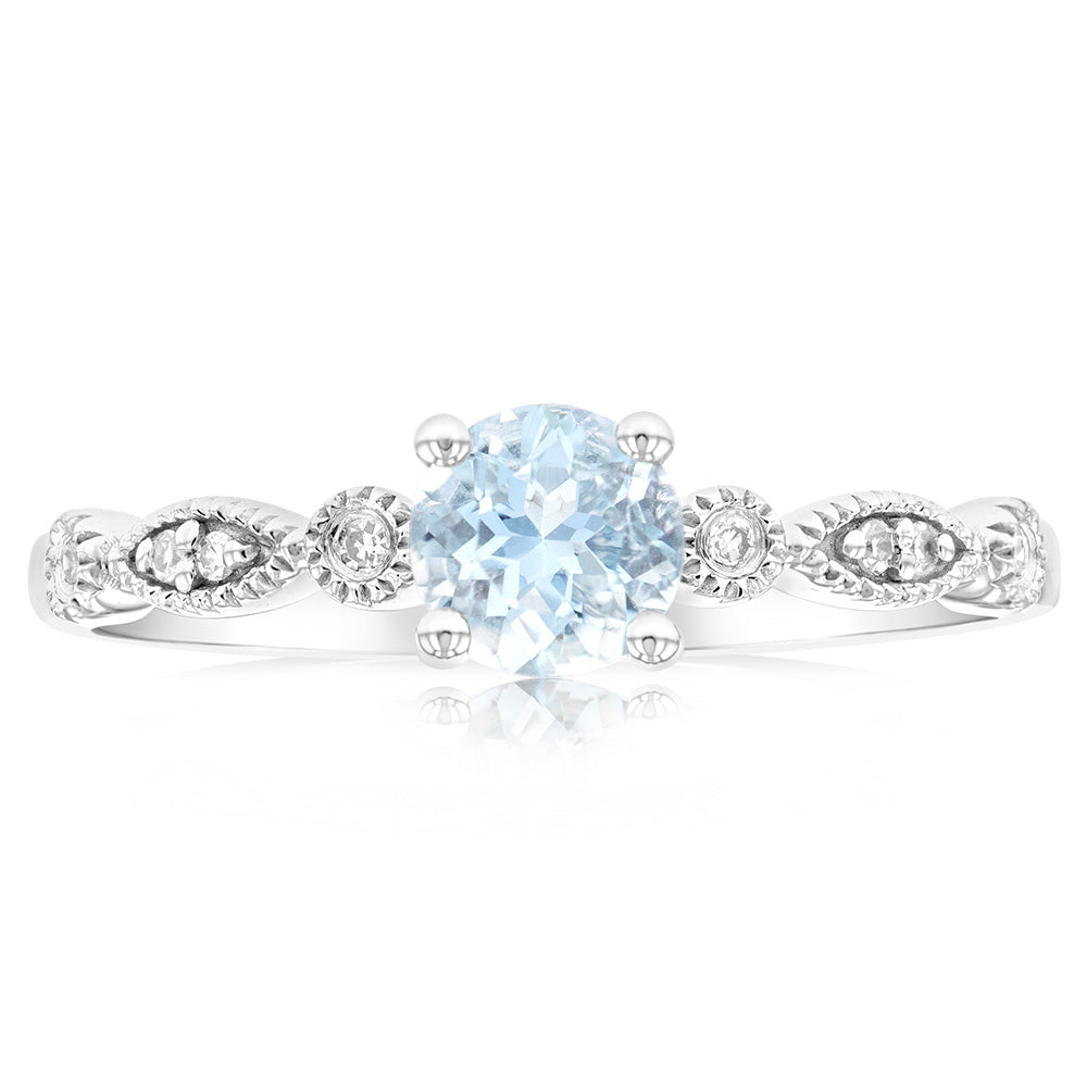 Exquisite 9ct White Gold Ring with 0.45ct Round Cut Aquamarine and Diamonds