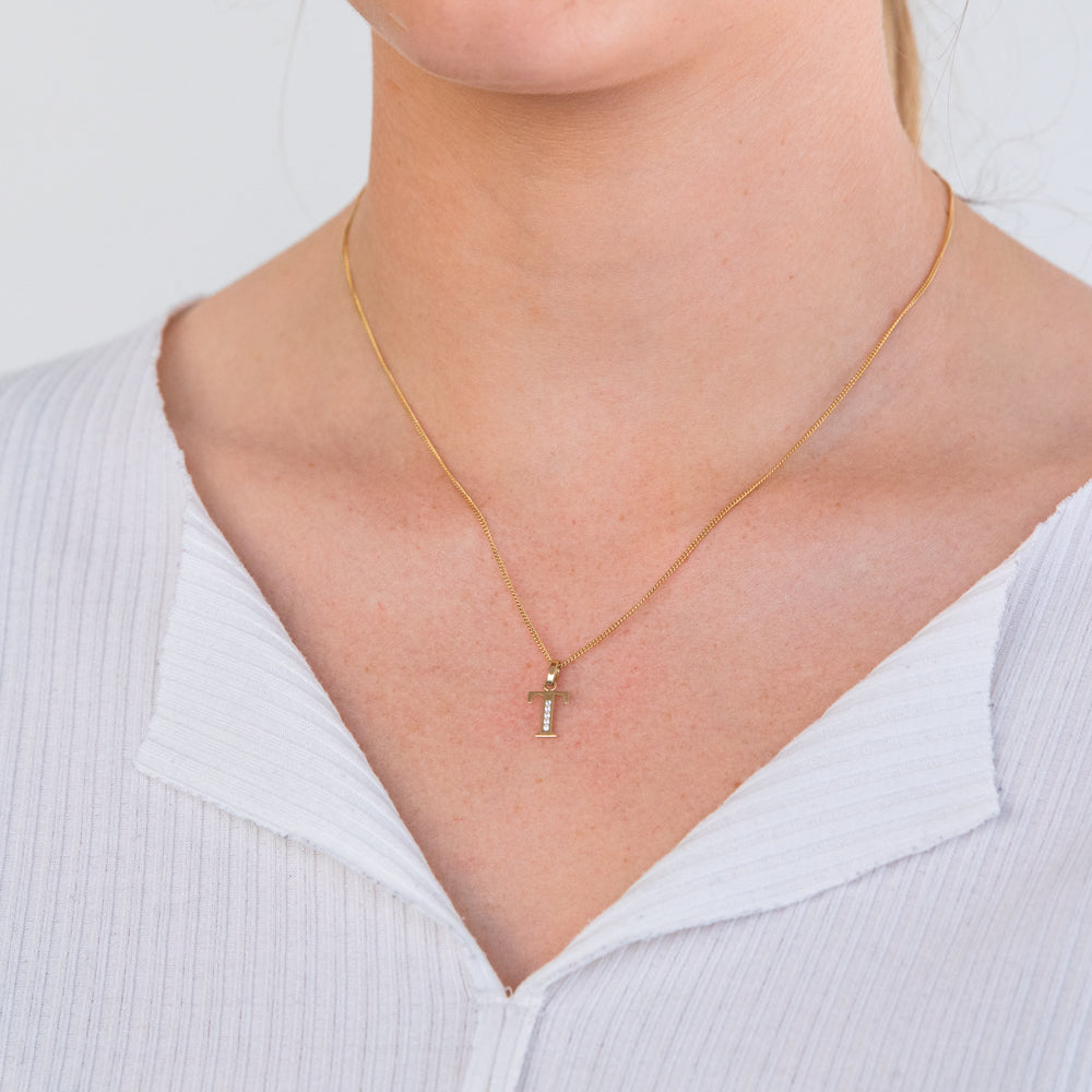 9 Carat Yellow Gold Initial T Zirconia Fashion Pendant for Personalized Jewelry