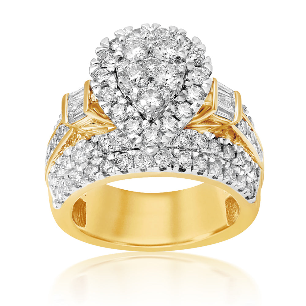 Stunning 9ct Yellow Gold Ring with 3-Carat Pear-Shaped Diamonds