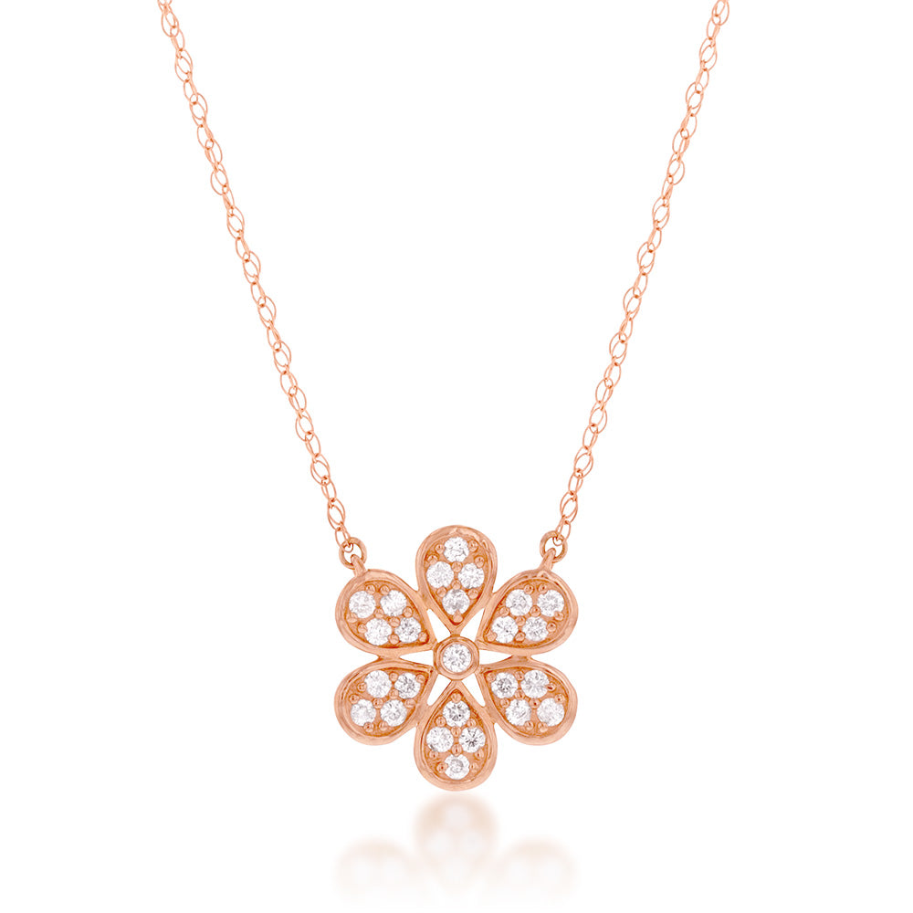 10-Carat Rose Gold Diamond Flower-Shaped Pendant Adorned with 25 Brilliant Diamonds on a 46cm Necklace Chain