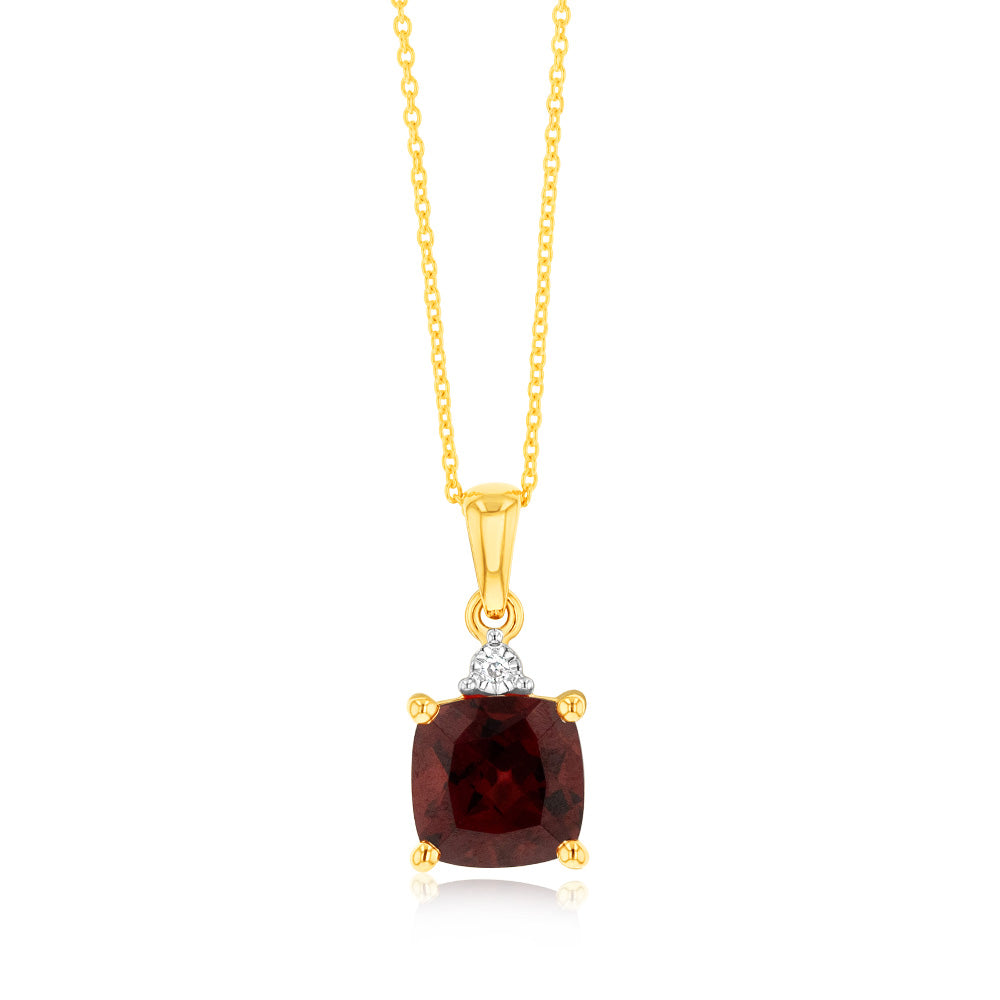 1.85ct Garnet and Diamond Pendant in 9ct Yellow Gold on 45cm Chain