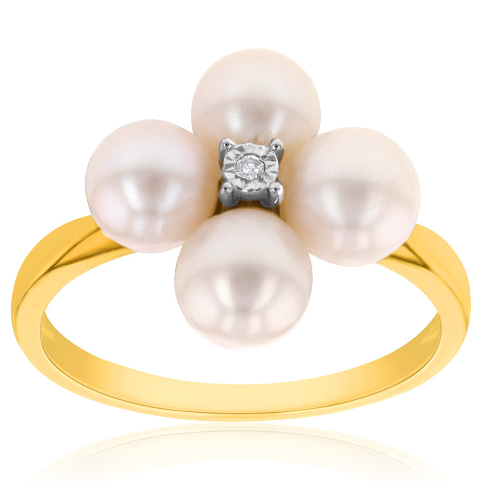 Exquisite 9ct Yellow Gold Ring with Freshwater Pearls and Diamonds