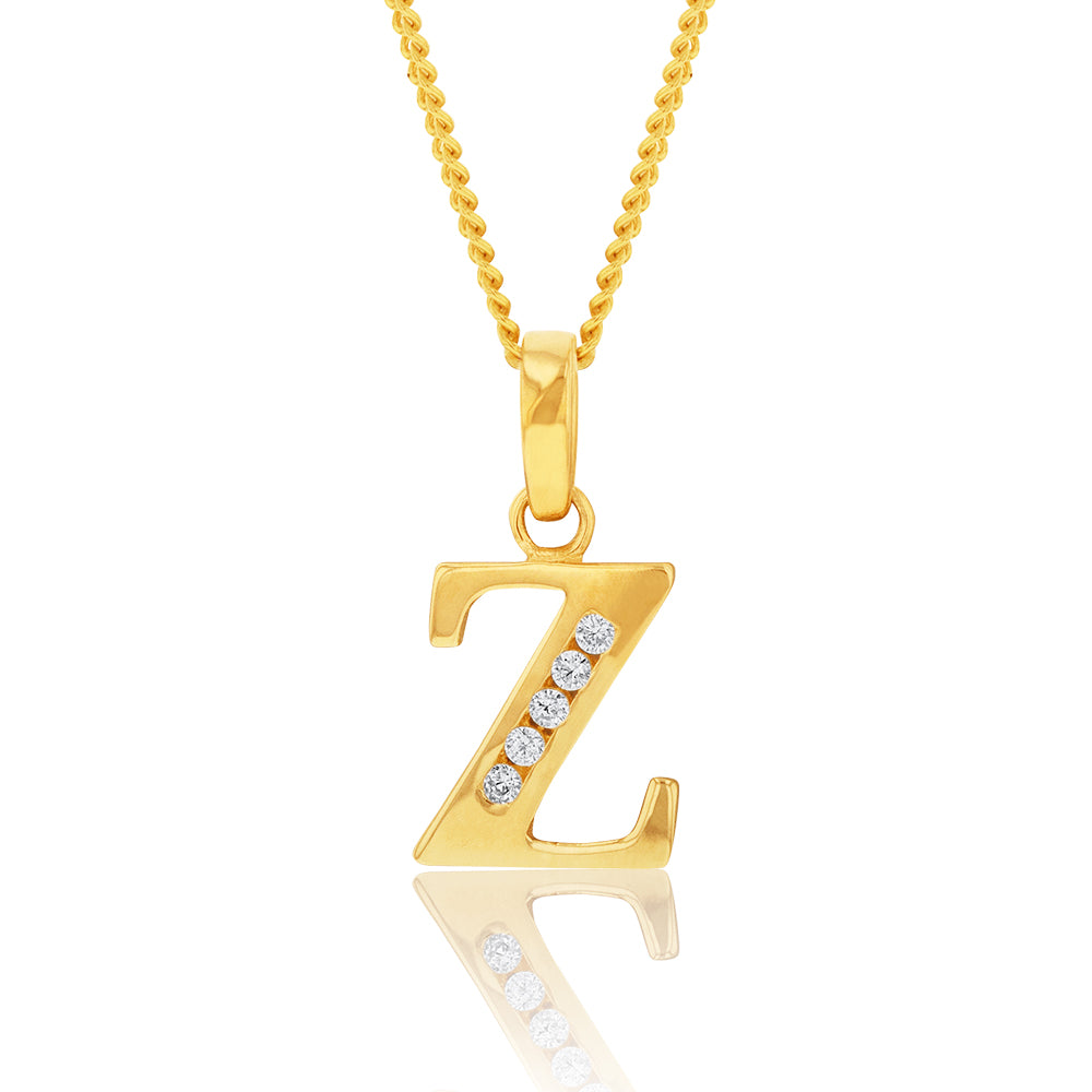 Stunning 9 Carat Yellow Gold Initial Z Pendant Embellished with Zirconias for Personalized Jewelry