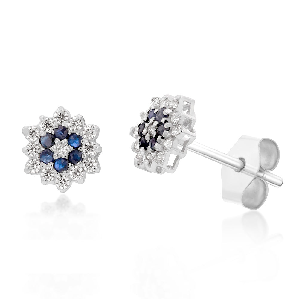 Exquisite 9ct White Gold Studs with Natural Sapphire and Zirconia in Flower Design