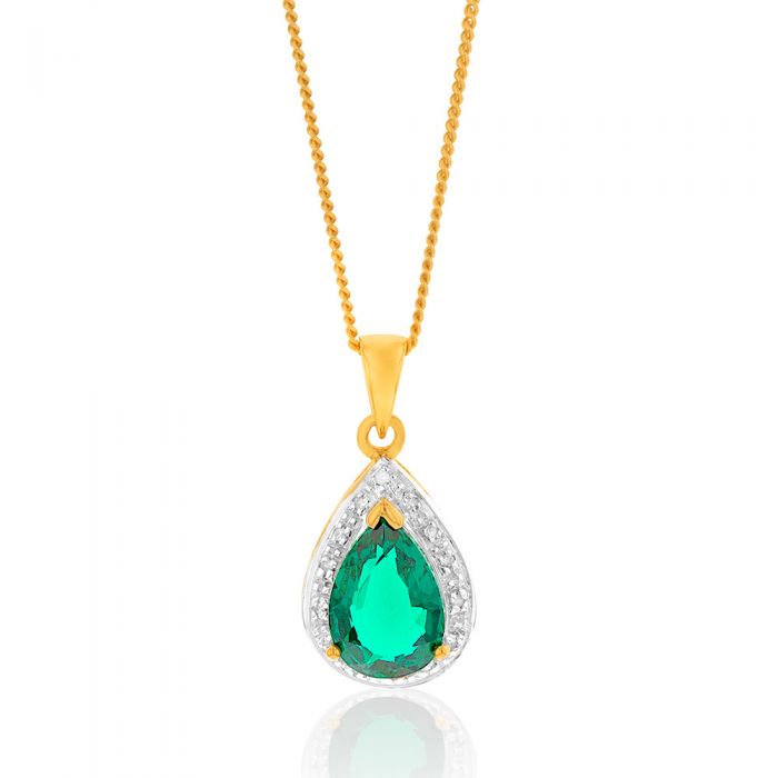 Stunning 9ct Yellow Gold Pendant with Lab - Created Emerald and Diamonds