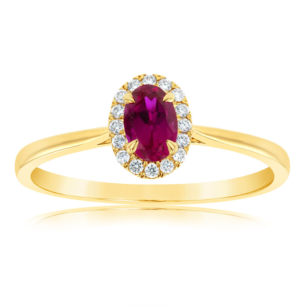 Stunning 9ct Yellow Gold Oval Lab-Created Ruby and Diamond Halo Engagement Ring