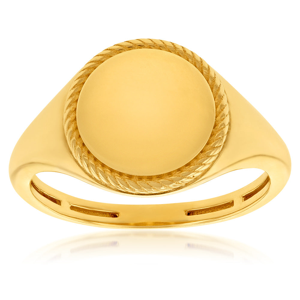 Stylish 9ct Yellow Gold Round Signet Ring with Twisted Rope Edge