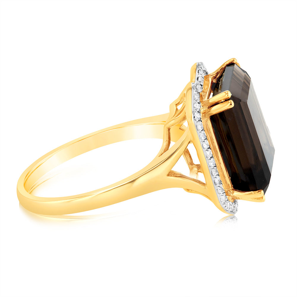 Exquisite 9ct Yellow Gold Ring with Natural Smokey Quartz and Sparkling Diamonds