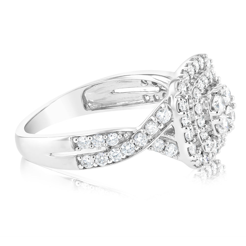 Stunning 0.95 Carat Diamond Cluster Cushion Ring Set in 10ct White Gold