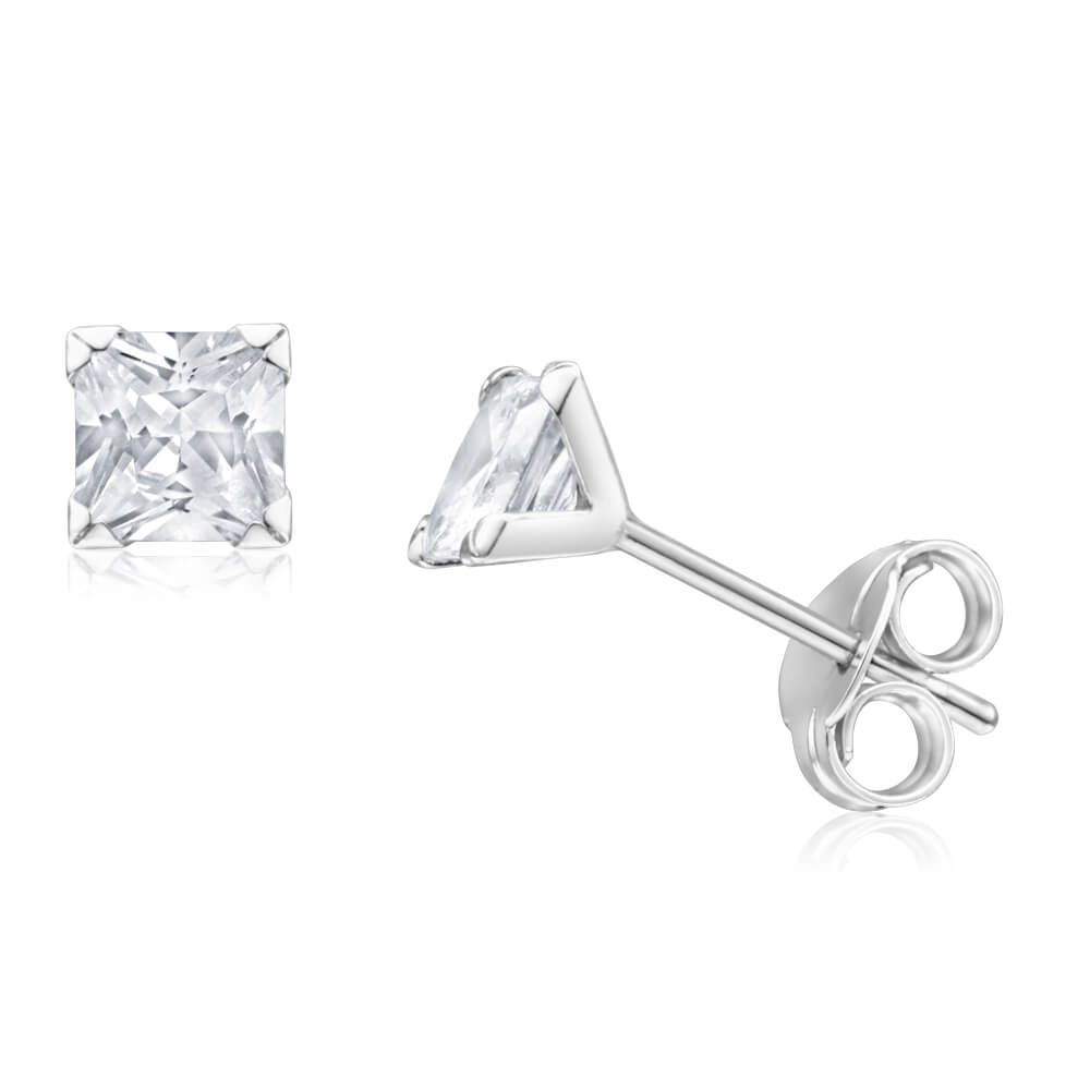 9-carat White Gold Fashionable Princess Cut 4-millimeter Cubic Zirconia Stud Earrings for Women
