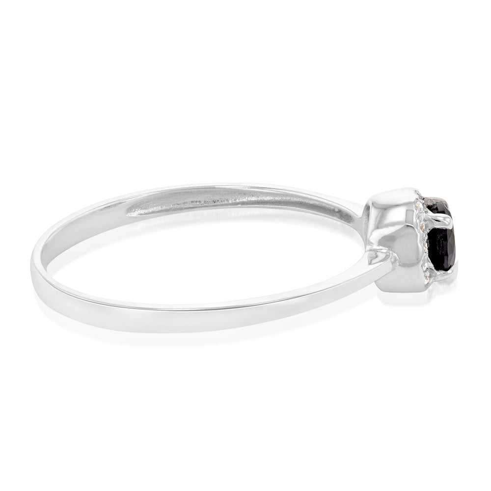 Stunning 9 Carat White Gold Halo Ring Featuring Black Zirconia Stones