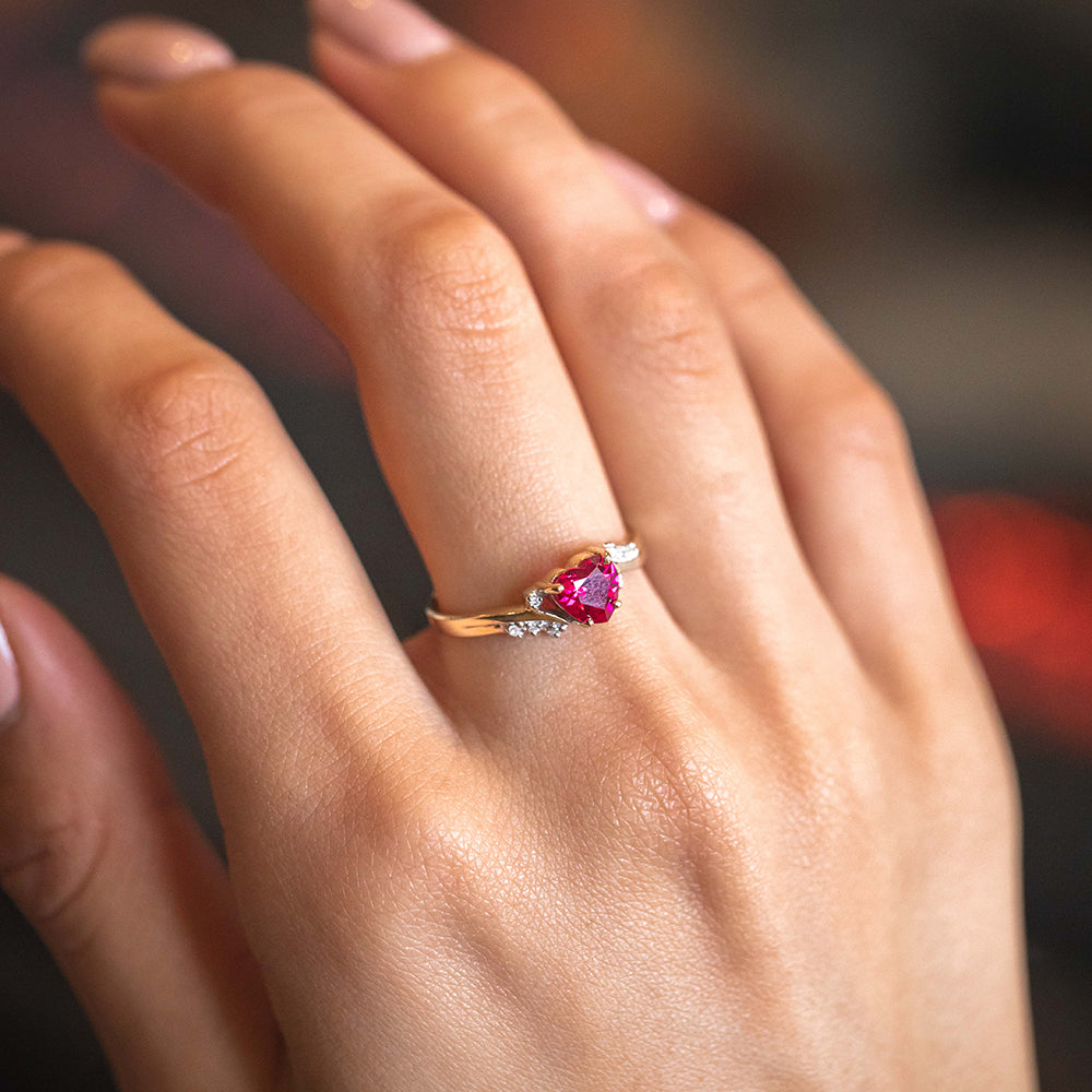 9ct Yellow Gold Ring with Created Ruby Heart and Sparkling Diamonds