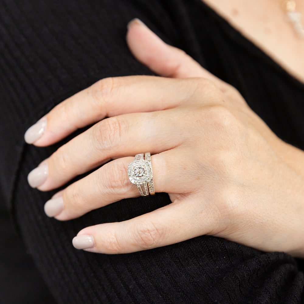 9 Carat Yellow Gold 1 Carat Diamond Cushion Shape Cluster Style Bridal Two - Ring Jewelry Set