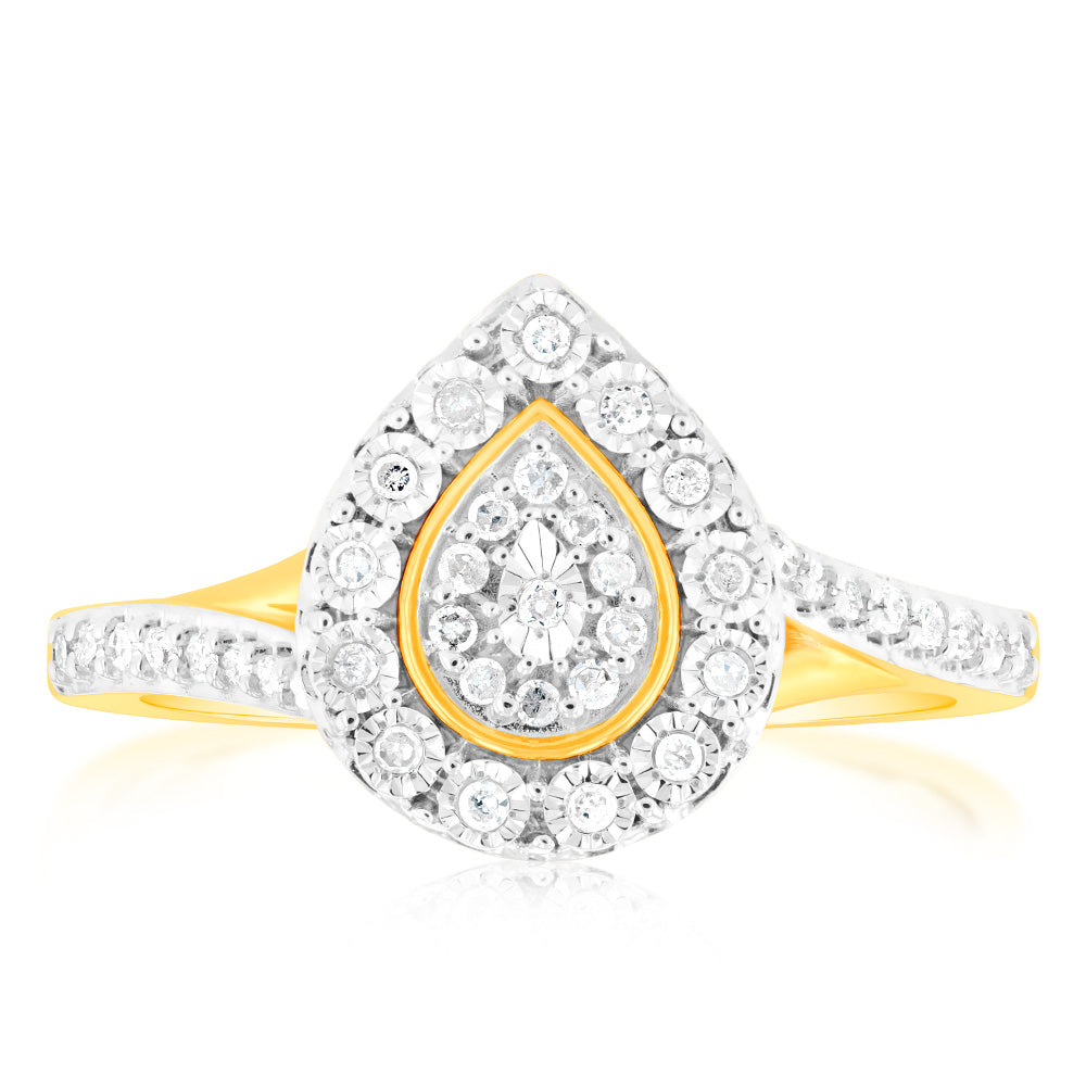 Exquisite 9 Carat Yellow Gold Pear - Shaped Diamond Ring with 1/6 Carat Diamonds for Fine Jewelry Lovers