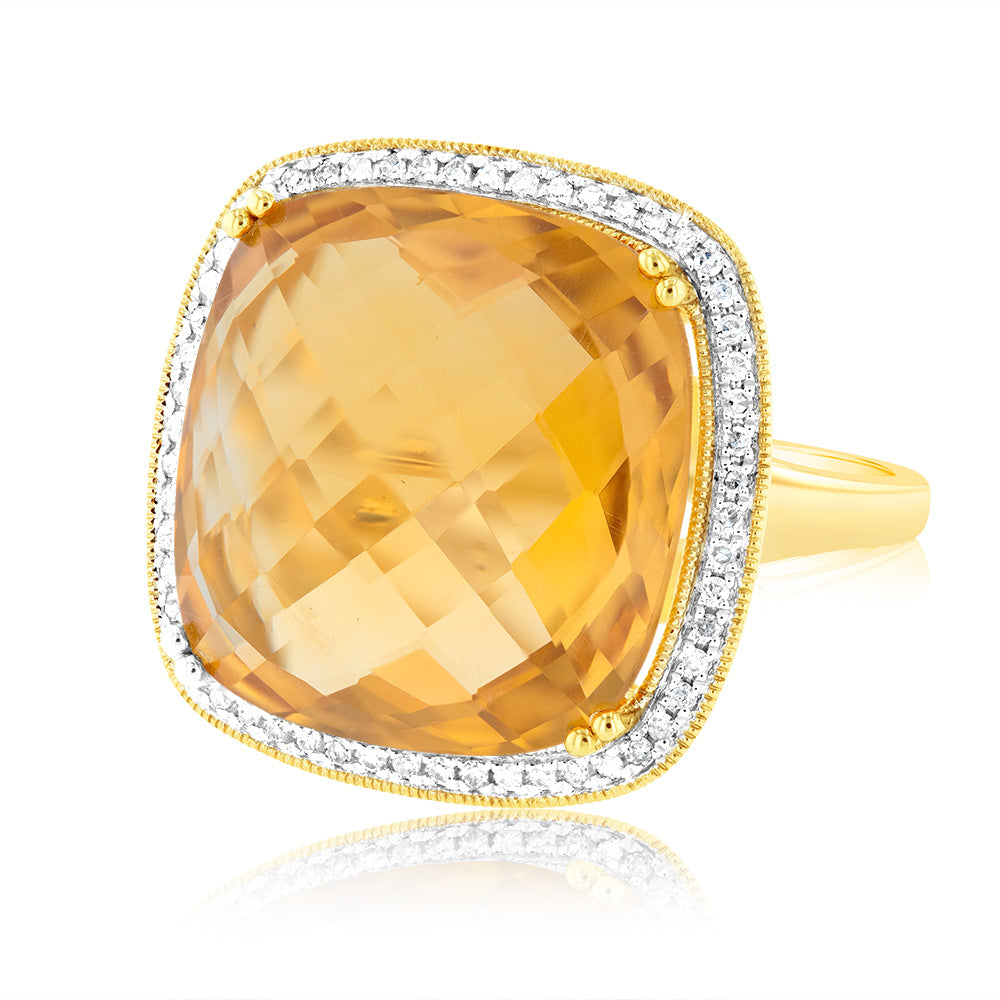 Exquisite 9ct Yellow Gold Ring Featuring Natural Citrine and Sparkling Diamonds