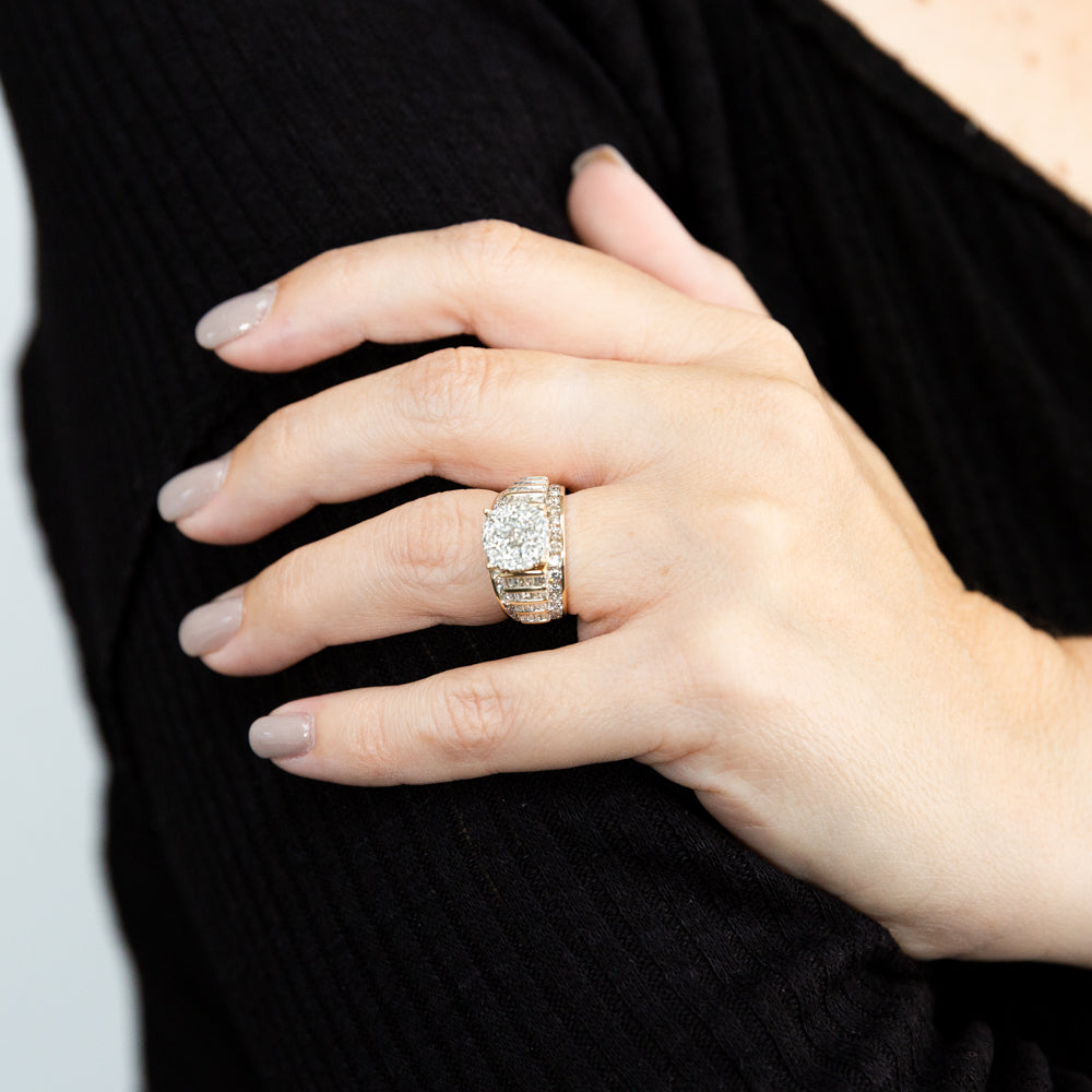 Stunning 9 Carat Yellow Gold 2 Carat Diamond Engagement Ring Set with 53 Sparkling and 44 Tapered Diamonds