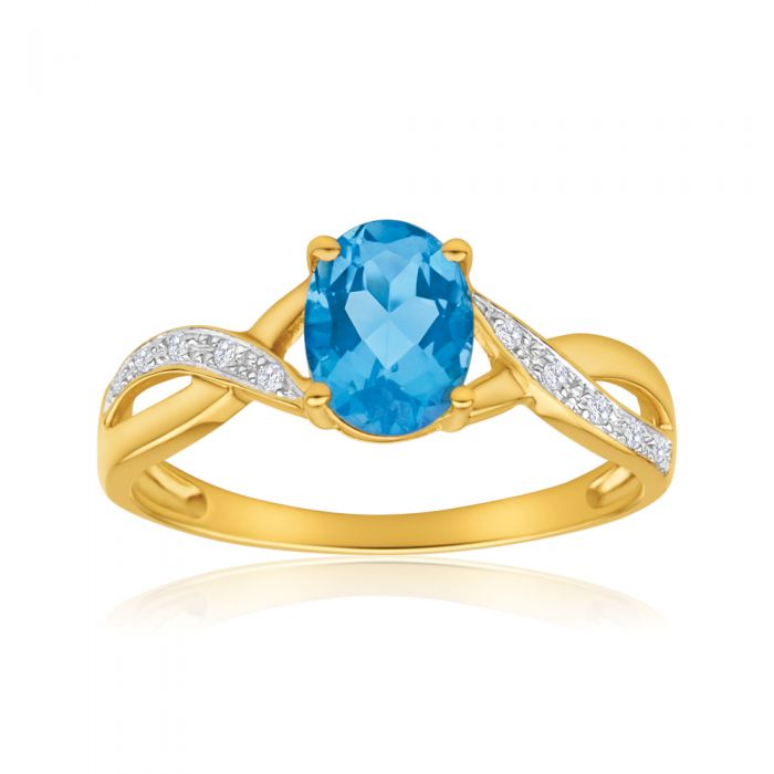 9ct Yellow Gold Ring with Cross-Over Design, Blue Topaz and Diamonds